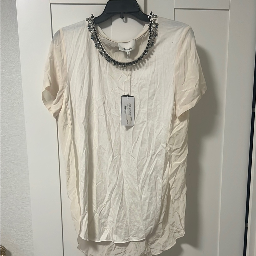 3.1 Phillip Lim Cream Embellished Short Sleeve Top